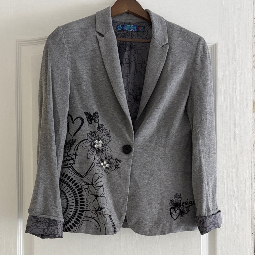 Desigual Gray Blazer with Black Floral Accents